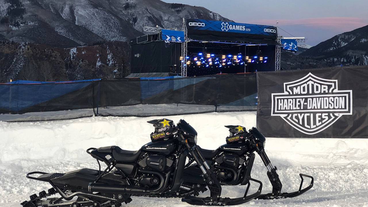 Just A Car Guy Harley Davidson snow bikes highlight the motorcycles