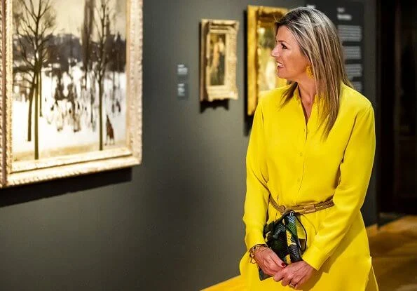 Queen Maxima wore Max Mara yellow blouse and trousers, Giuseppe Zanotti flat ballerinas. Sophie Habsburg Moneypenny watersnake clutch