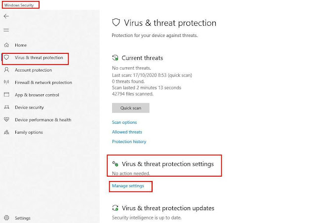 Virus & Treat Protection settings