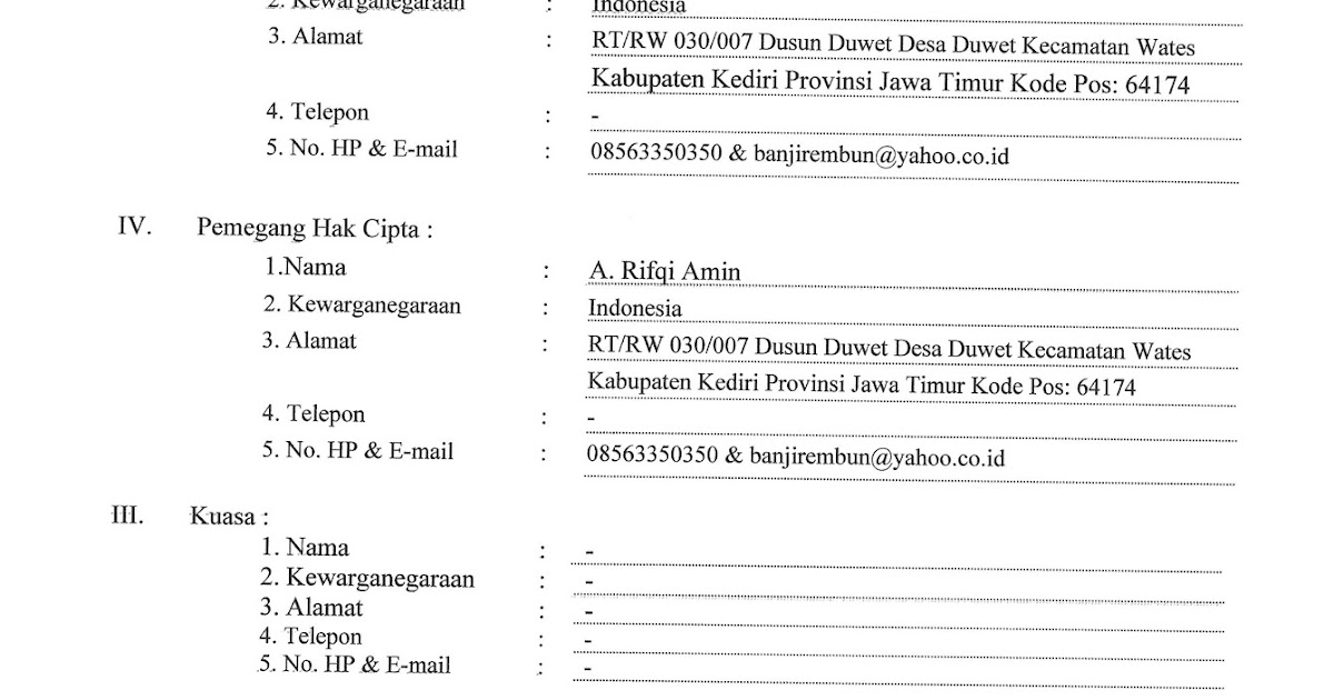 Contoh Surat PERMOHONAN PENDAFTARAN CIPTAAN untuk HAKI/HKI secara