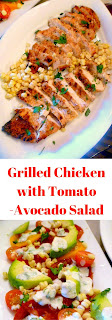 Grilled Chicken with Toamto-Avocado Salad takes advantage of summer's fresh corn and tomatoes (Yum!) and pulls together a dinner that is light and bold with flavors! - Slice of Southern