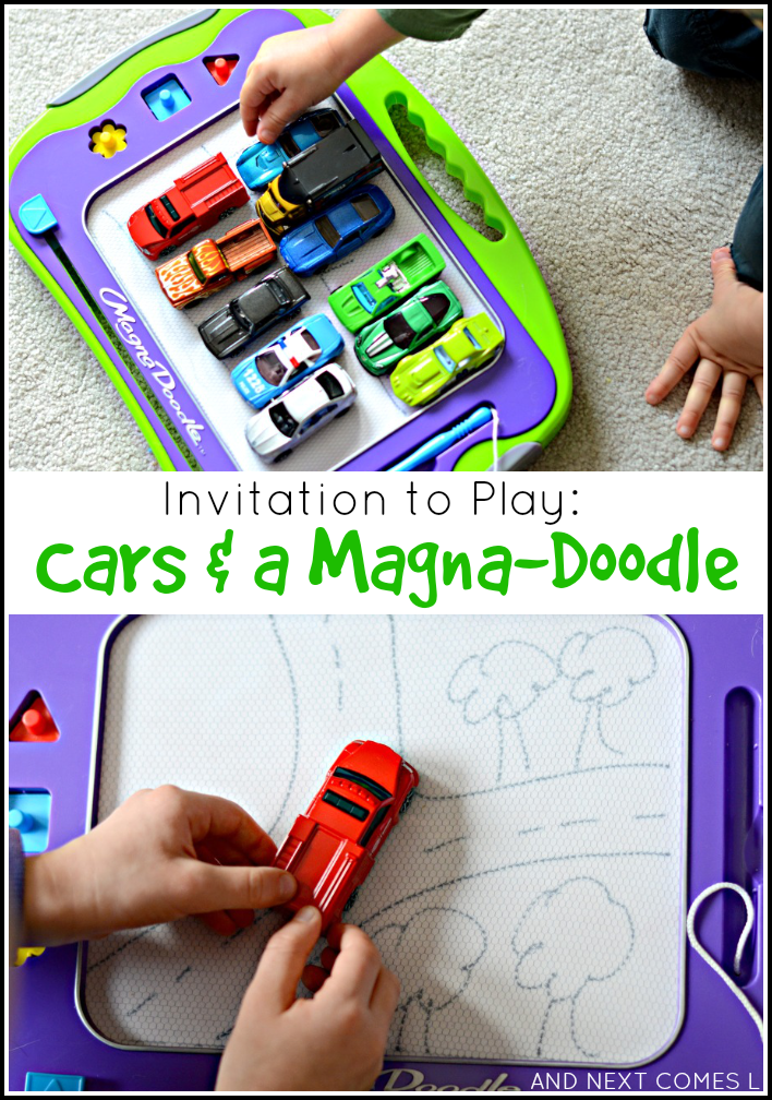 Open-ended invitation to play with cars and a Magna-Doodle - a great boredom buster for kids from And Next Comes L