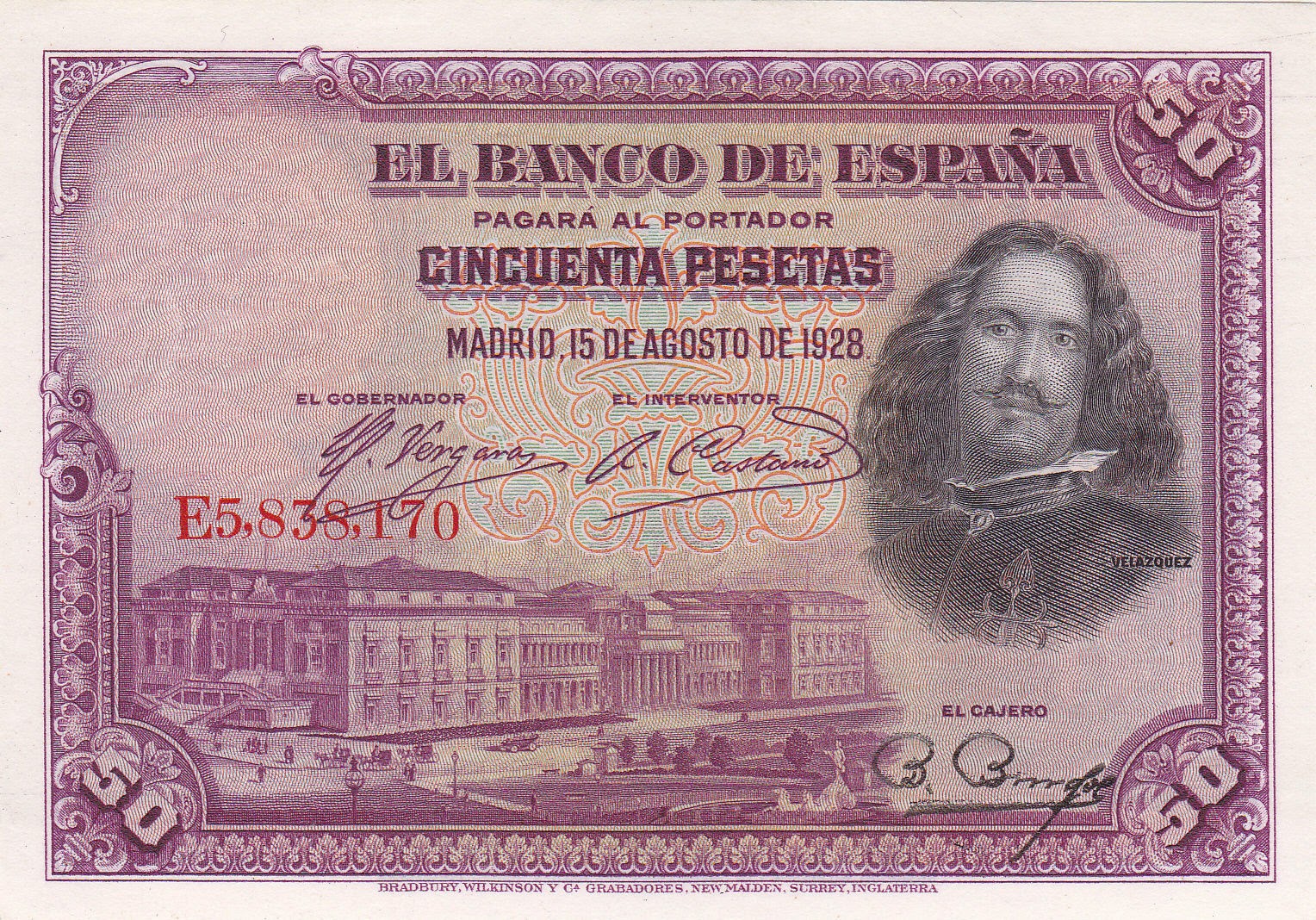 Spain Banknotes 50 Pesetas banknote 1928 Spanish painter Diego Velazquez