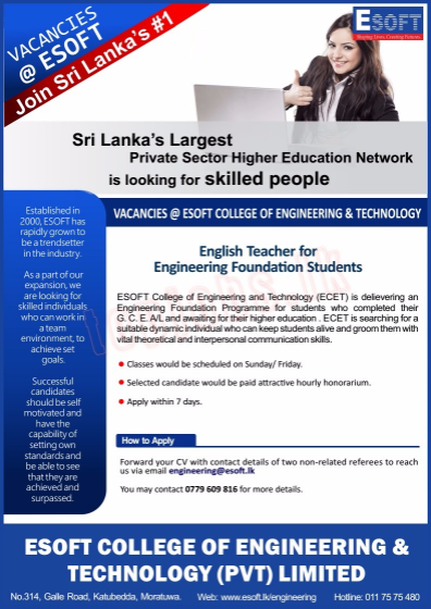 English Teacher For Engineering Foundation Students Vacancies At Esoft College Of Engineering Technology Jobs Find