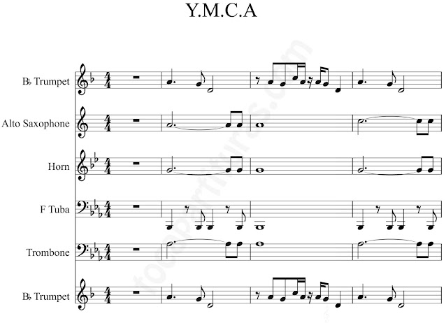 1 YMCASheet Music for trumpet, alto saxophone, horn, tube, trombone by Village Music Scores.JPG