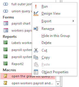 Right click the macro name and select run or design view