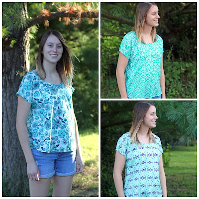 Lou Box Top from Indiesew sewn into three tops.