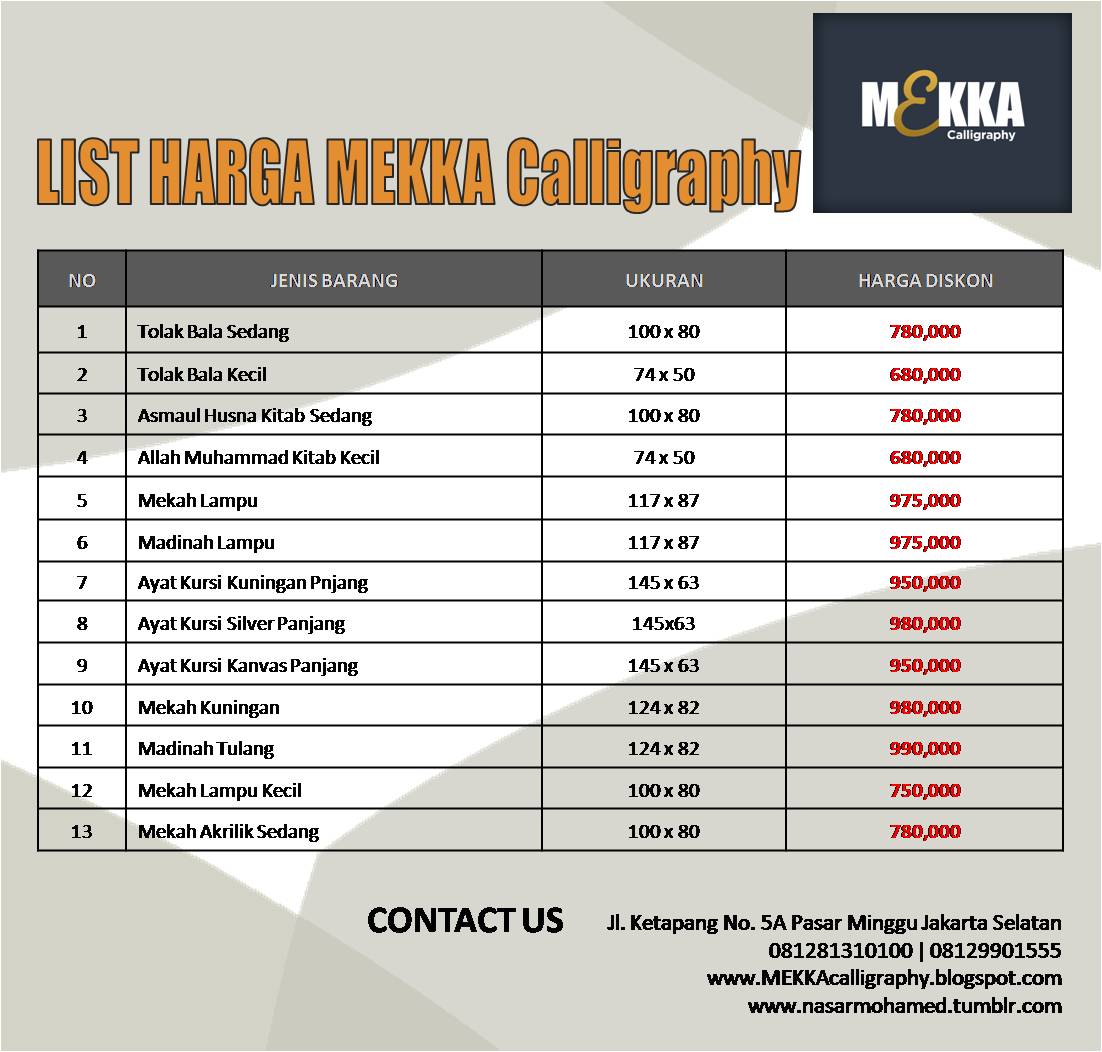 MEKKA Calligraphy Price List