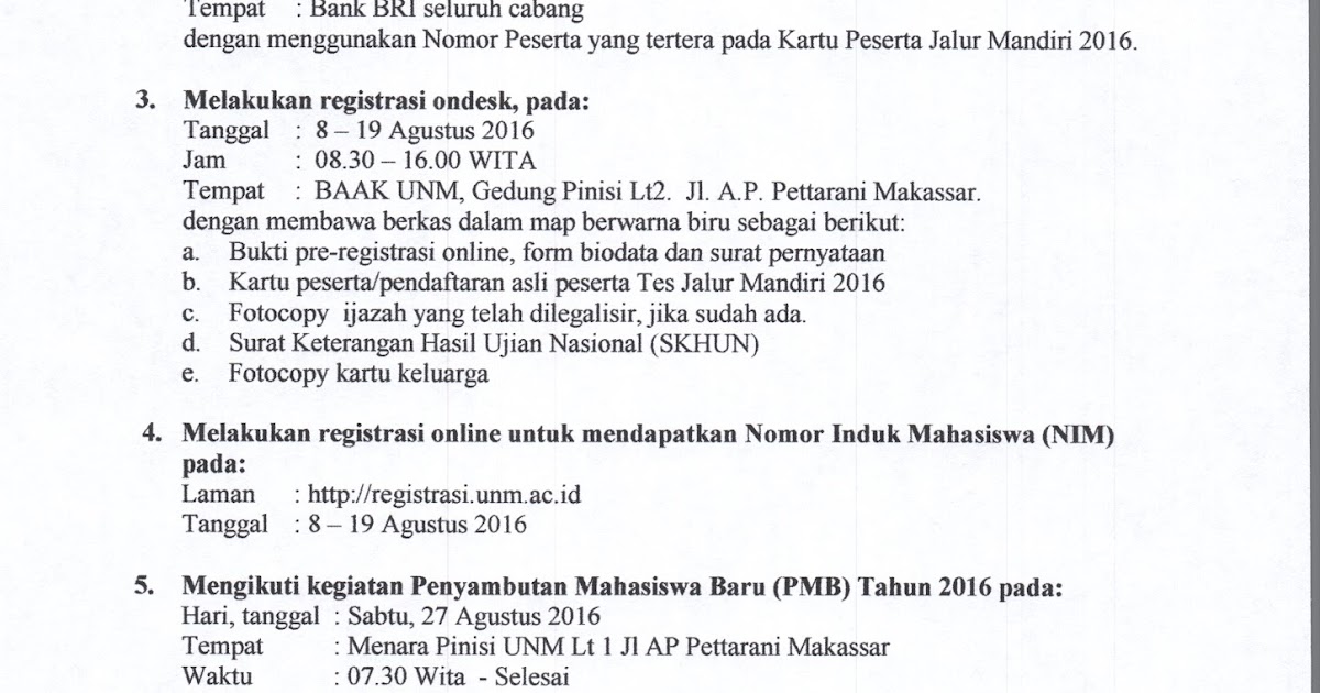 Prosedur Pendaftaran Ulang Mahasiswa Baru Unm Jalur Mandiri Tahun 2016 Lpm Psikogenesis