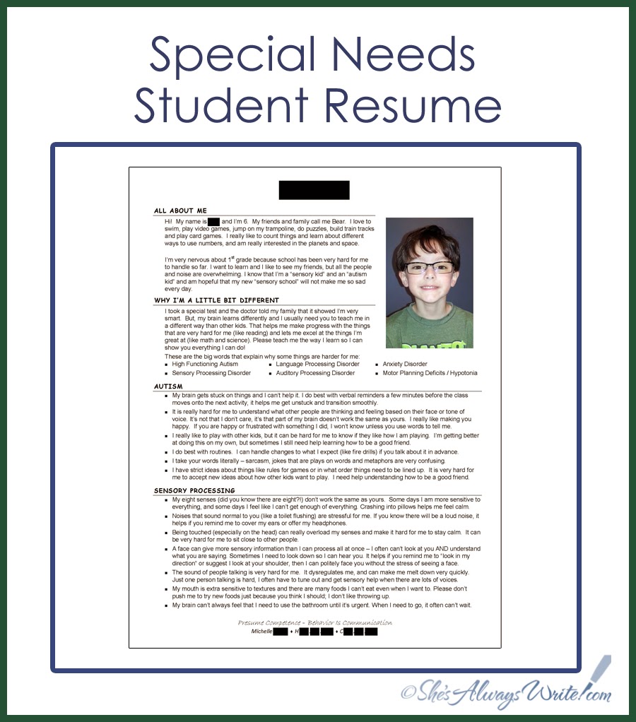 Special Needs Student Resume Autism Pinterest