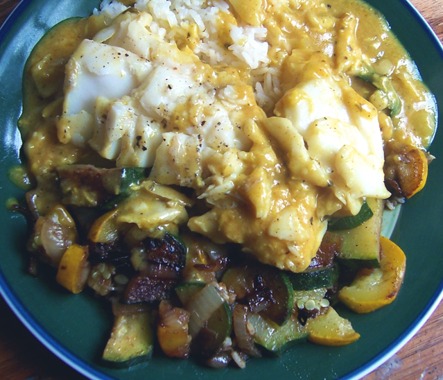 The Edible Art Form Quick Korma Curry with Cod, Basmati, and Summer Squash