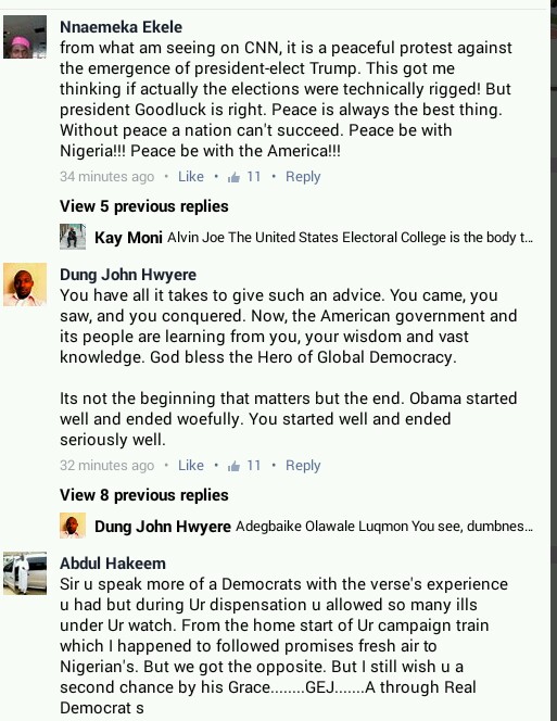 Jonathan Tells Americans To Stop Protesting Against Trump. Nigerians React  _20161111_165306