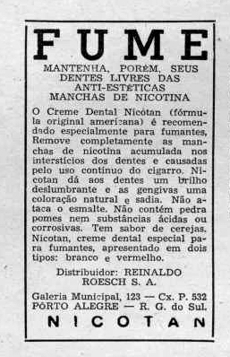 Propaganda do Creme Dental Nicotan anunciado nos anos 50: higiene para fumantes.