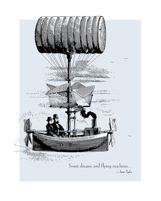 vintage illustration of hot air ship with text