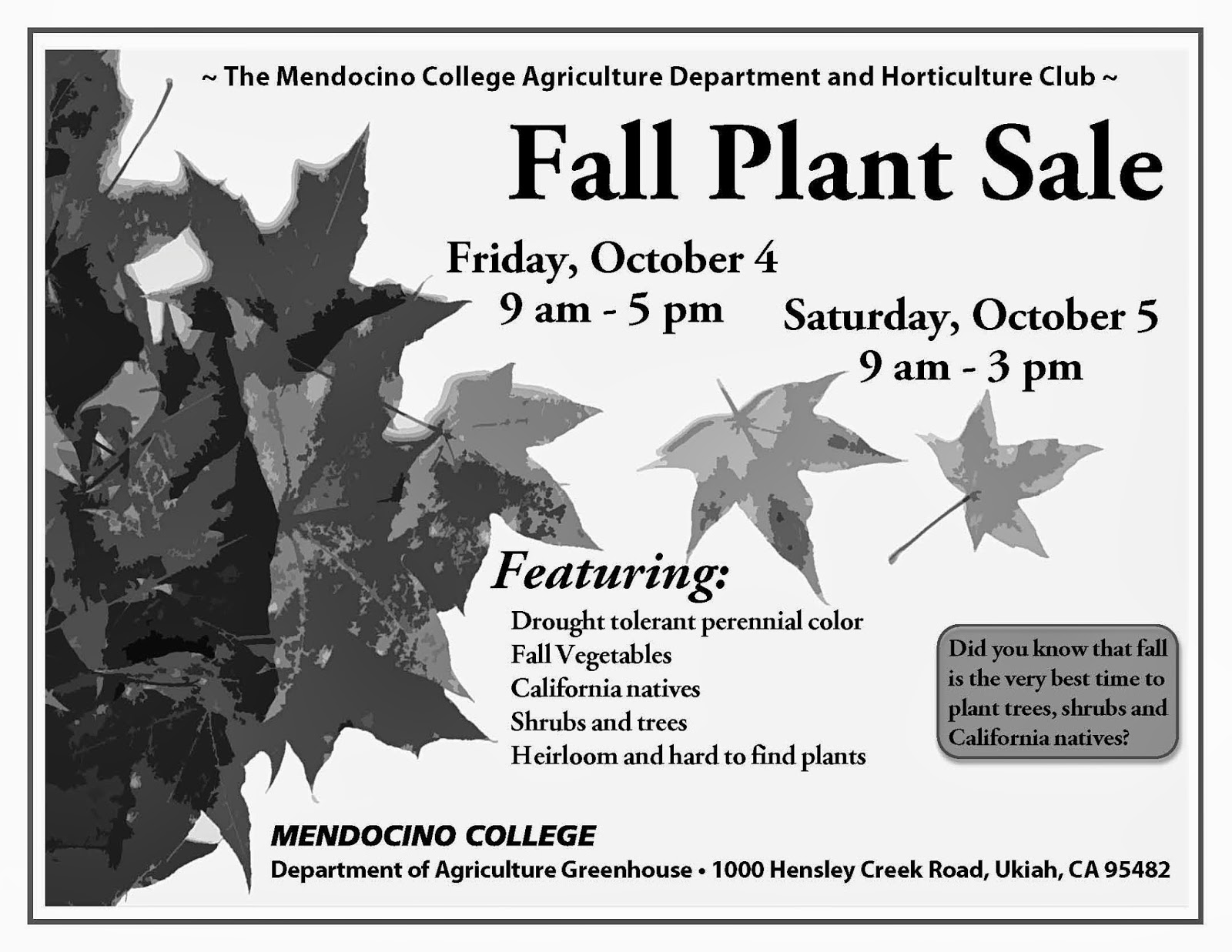 Gardens Project: Mendocino College Fall Plant Sale - Oct. 4th, 5th! Gardens Project: Mendocino College Fall Plant Sale - Oct. 4th, 5th!