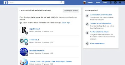 cancellare cronologia attività Facebook attività fuori facebook