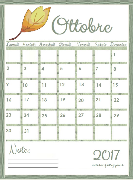 Calendario Stampabile Ottobre 2017 Inartesy