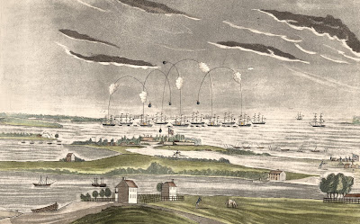 A view of the bombardment of Fort McHenry, near Baltimore, by the British fleet, taken from the observatory under the command of Admirals Cochrane & Cockburn on the morning of the 13 Sept 1814 which lasted 24 hours, and thrown from 1500 to  1800 shells in the night attempted to land by forcing a passage up the ferry branch but were repulsed with great loss - courtesy of the Library of Congress