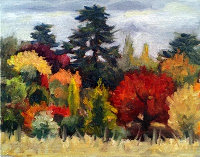 Oil painting of a garden of trees, many exhibiting vibrant red and orange autumn colours.