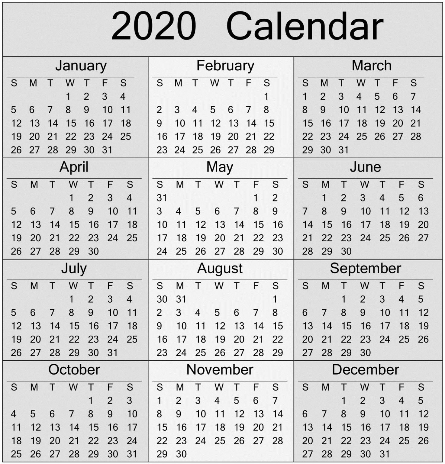 Year 2020 Calendar