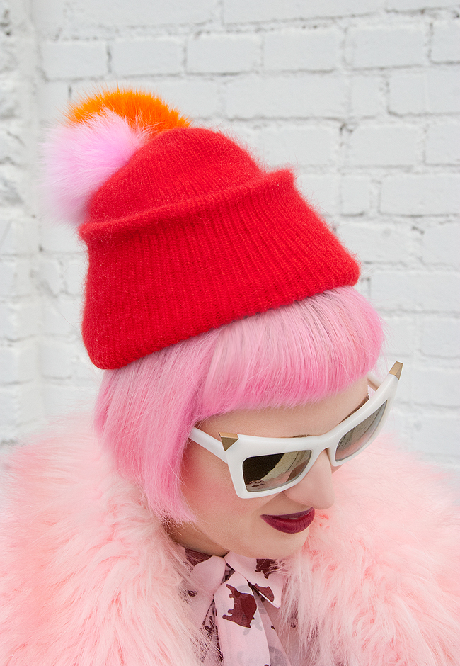 Sara is in Love with… blogger style fashion pink orange red burgundy pleated skirt faux fur cat scarf hat pink hair pinko cat print moschino gloves platform shoes Vivienne Westwood x Melissa Cléo Ferin Mercury Alexander Wang pom pom hat, pink hair, Alexander Wang