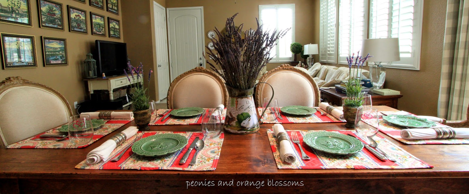 French country table with French rooster placemats, lavender, and green plates - Peonies and Orange Blossoms