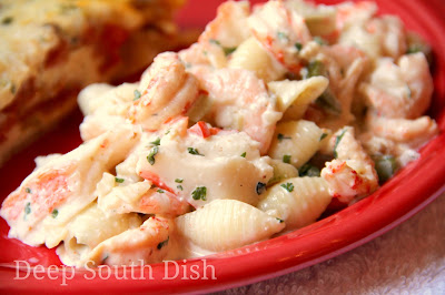 A seafood pasta salad made from crab, crawfish and shrimp, dressed with a Cajun seasoned buttermilk mayonnaise blend.