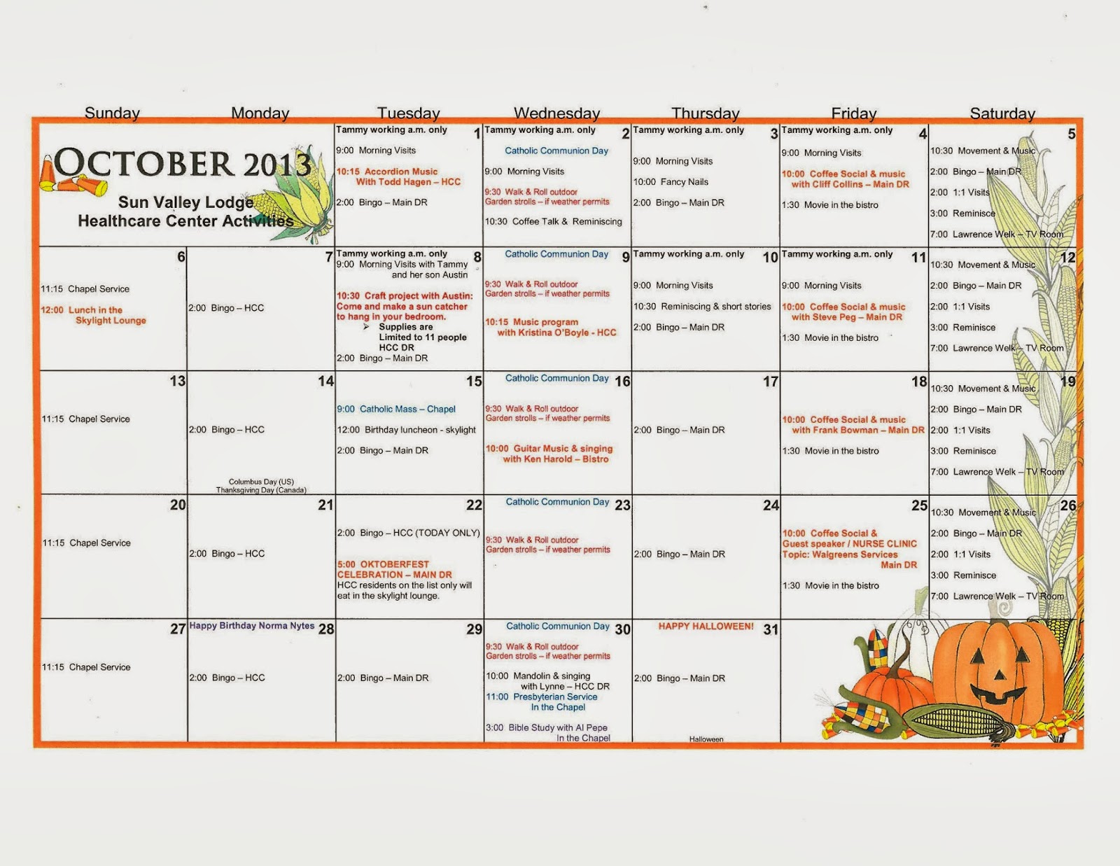 Retirement & Life Care Journal October 2013 HCC Activity Calendar