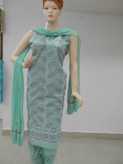 Lucknowi Chikan Green Cotton Dress Material