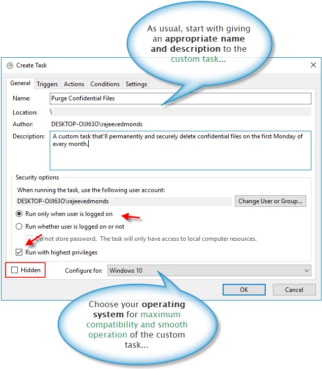 General task settings in Windows 10 task scheduler