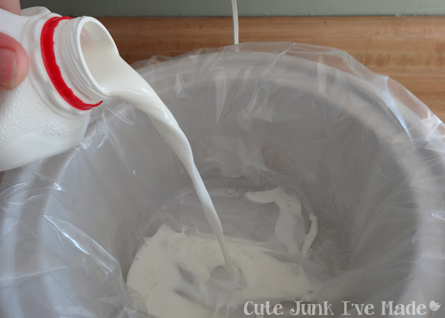 Homemade Crockpot Greek Yogurt - Pouring milk into lined Crock Pot