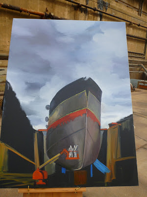 Plein air oil painting of tall ship James Craig in Garden Island Drydock painted by industrial heritage artist Jane Bennett