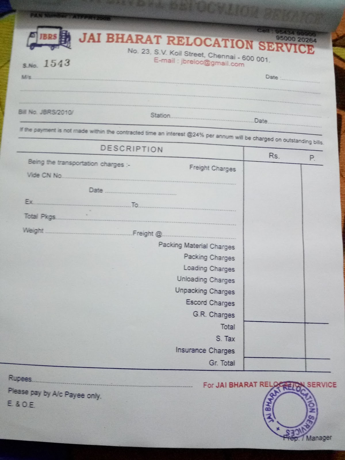 movers and packers bill for claim/relocation services