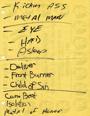 Original hand-written set list for the show October 31, 1990