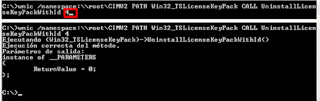 wmic /namespace:\\root\CIMV2 PATH Win32_TSLicenseKeyPack CALL UninstallLicenseKeyPackWithId 4