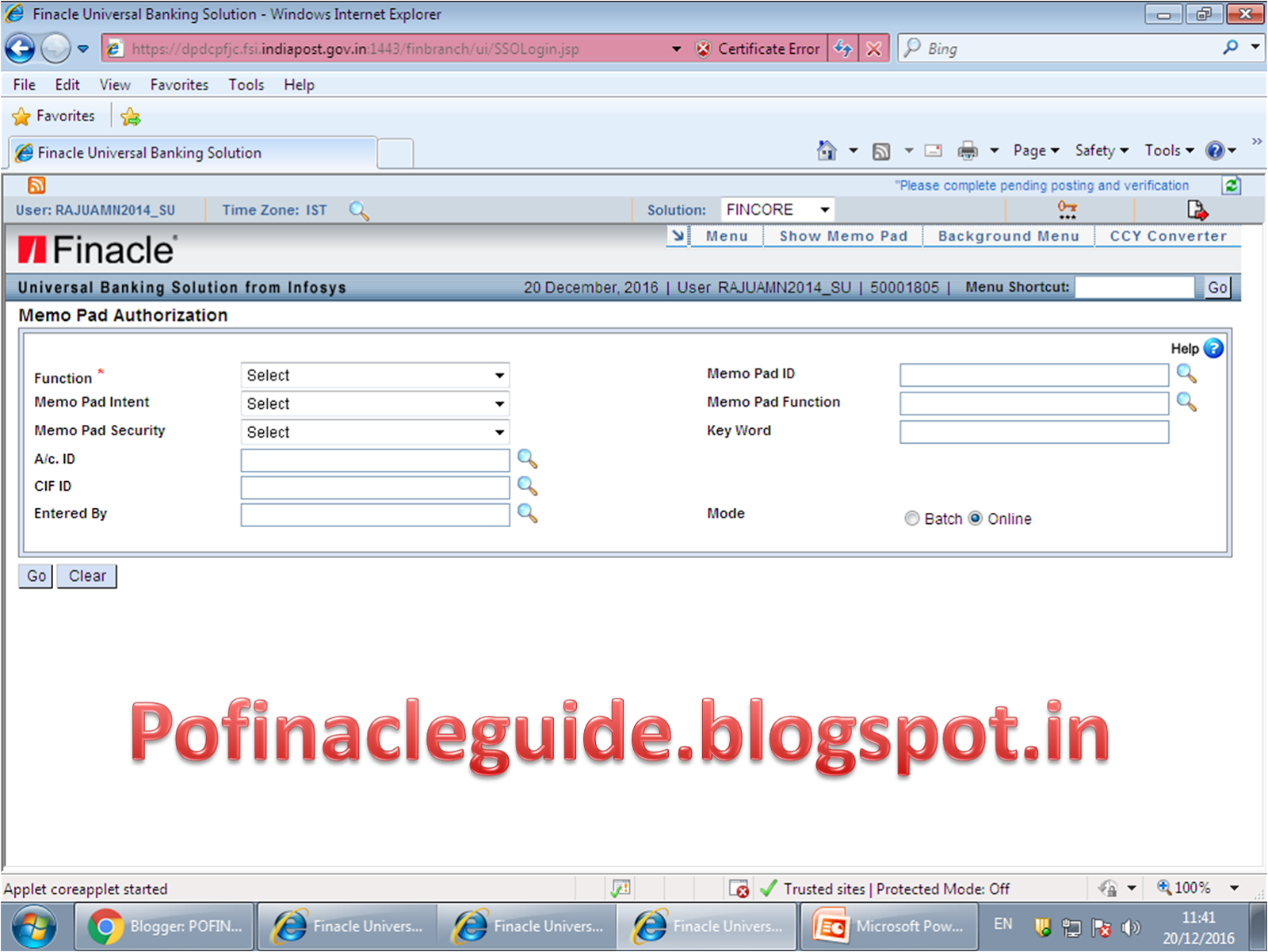 Procedure to create MEMO PAD in DOP Finacle POFINACLEGUIDE