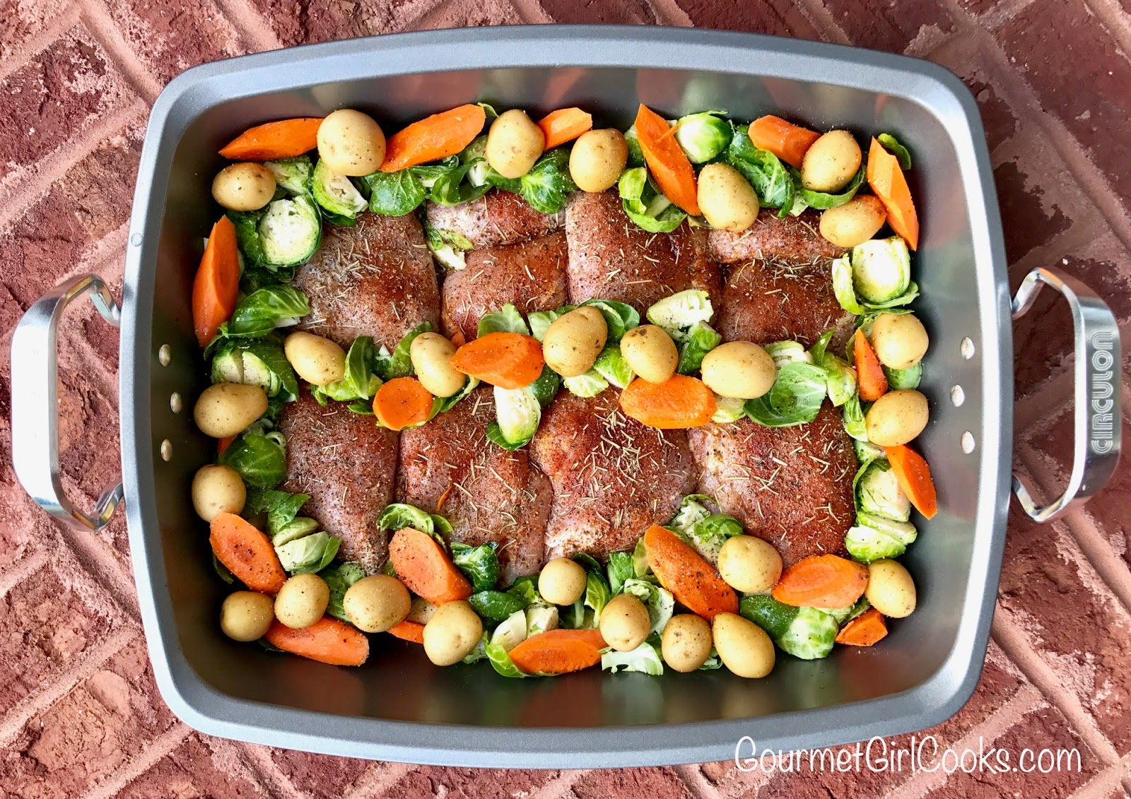 Gourmet Girl Cooks Roasting Pan Herbed Chicken Thighs & Sprouts One