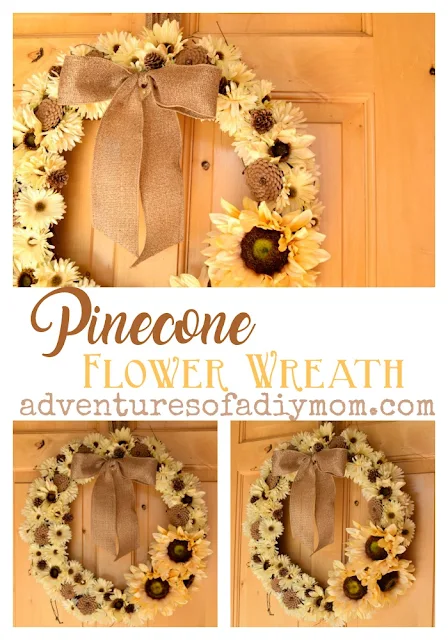 How to make a fall wreath using flowers and pine cones. Off-white flowers paired with rustic pine cones and a burlap bow create a timeless wreath for your front door. #pineconeflowers #flowerwreath #pineconewreath #fallwreath #DIYflowerwreath #diypineconewreath #howtomakeafallwreath