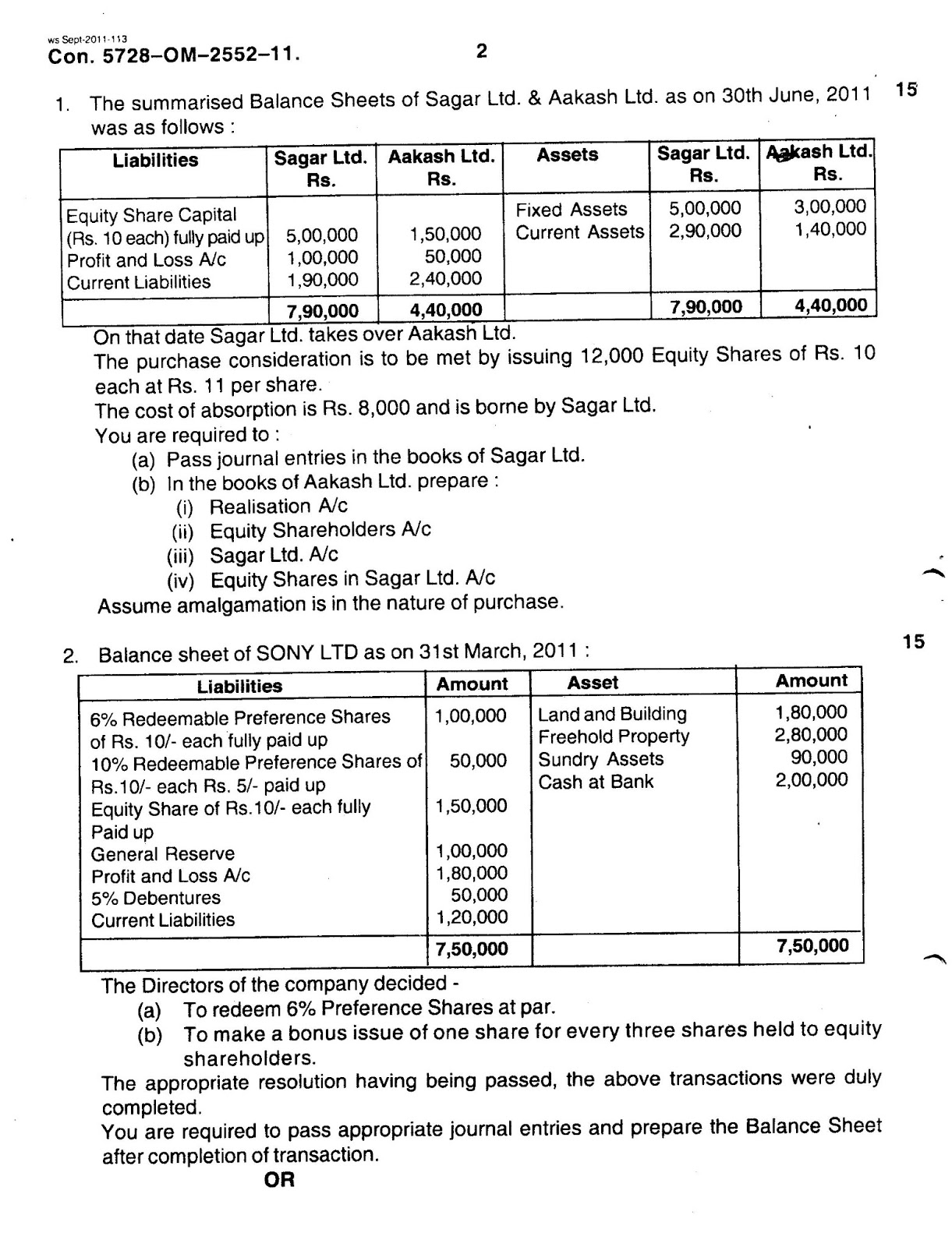 Question Papers Collection FINANCIAL ACCOUNTING PAPER IV (CORPORATE