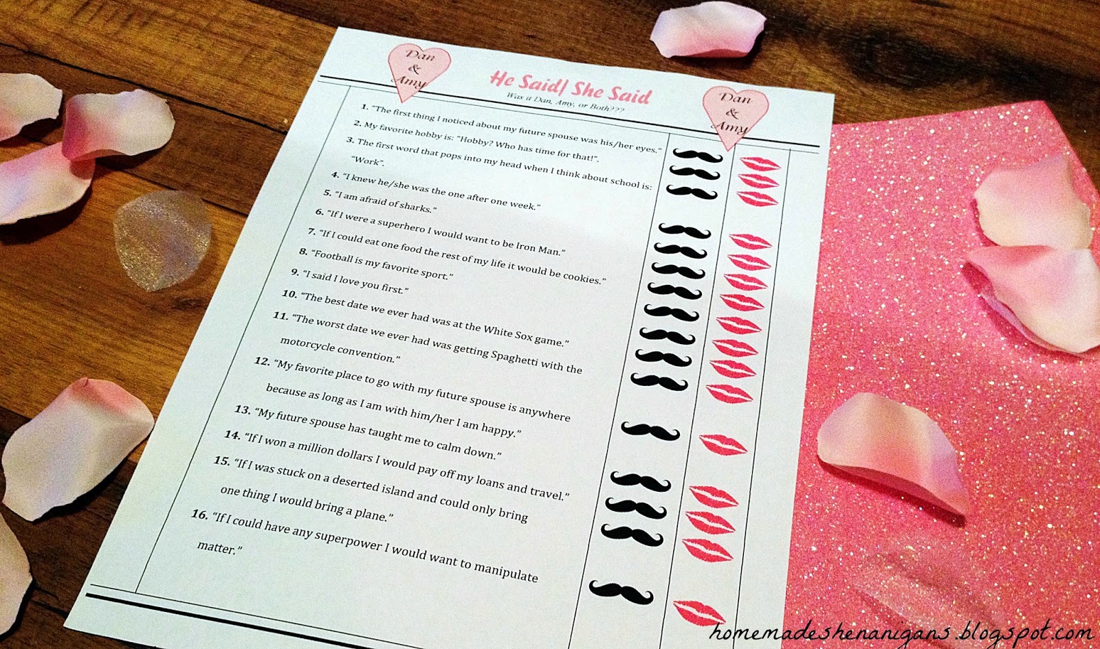 Homemade Shenanigans He Said, She Said Bridal Shower Game