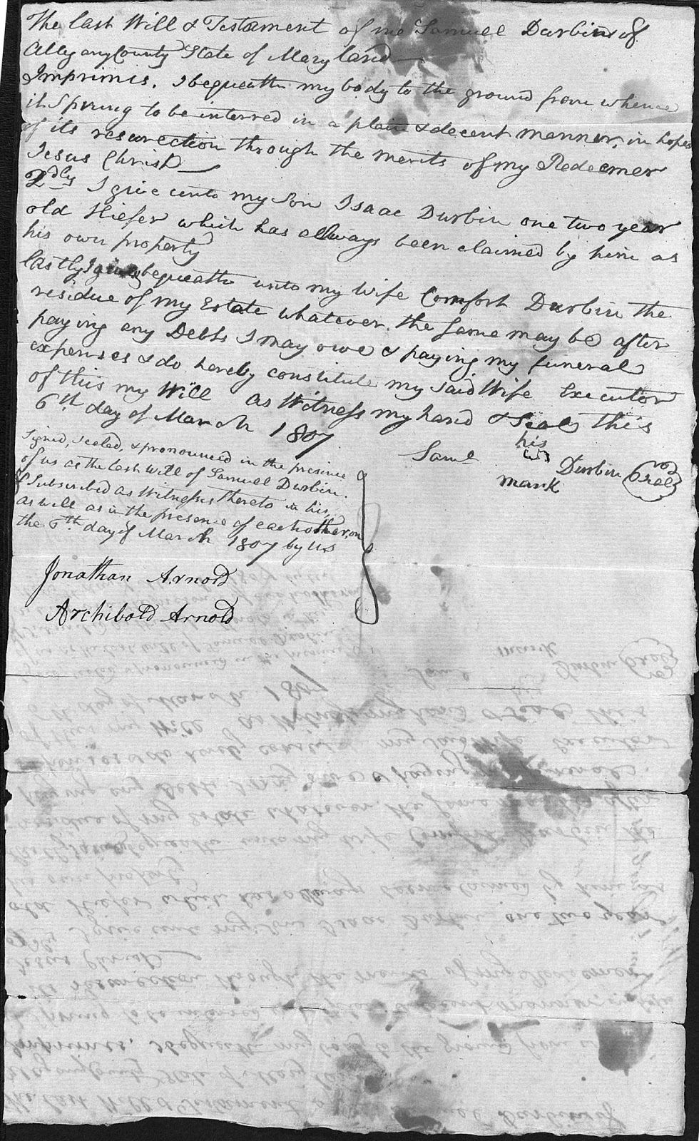 Durbin Family History Samuel Durbin Jr Will 1807