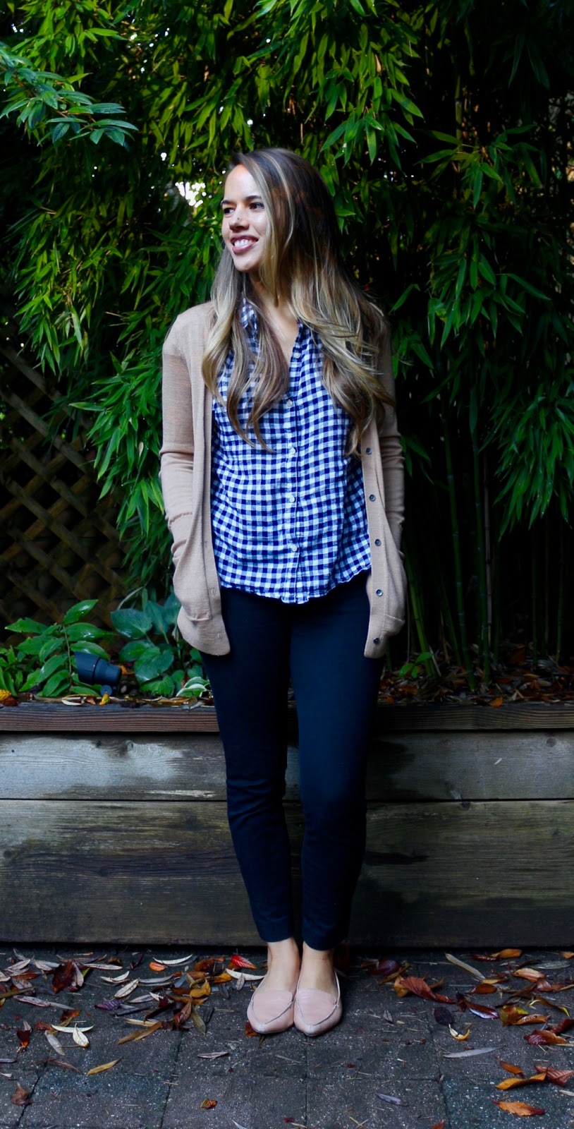 Jules in Flats - Gingham Button Down with Camel Cardigan (Business Casual Fall Workwear on a Budget) 