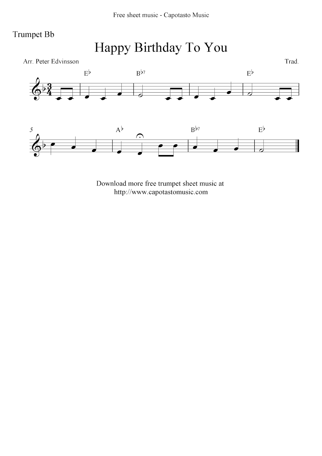 Easy Sheet Music For Beginners: Happy Birthday To You, free trumpet sheet music notes