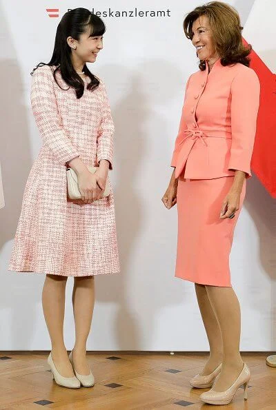 Princess Kako met with Chancellor of Austria Brigitte Bierlein at the Austrian Chancellery in Vienna. she wore a pink dress