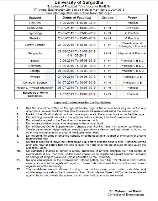 university of sargodha ba bsc 2019 exams date sheet