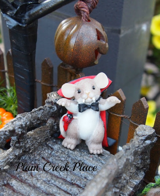 Plum Creek Place, Little Jo's doll party, broken pot fairy garden, fairy garden, Halloween fairy garden