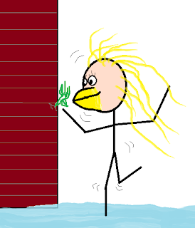 stick figure with a chicken beak struggling for balance on a sheet of ice as it attempts to peck a weed from a wall. 