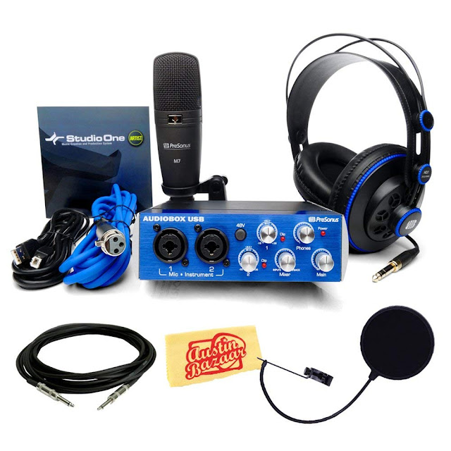 Presonus AudioBox Studio Bundle with Pop Filter, Instrument Cable, Headphones, Microphone, Mic Cable, USB Cable, StudioOne Artist Software, and Polishing Cloth