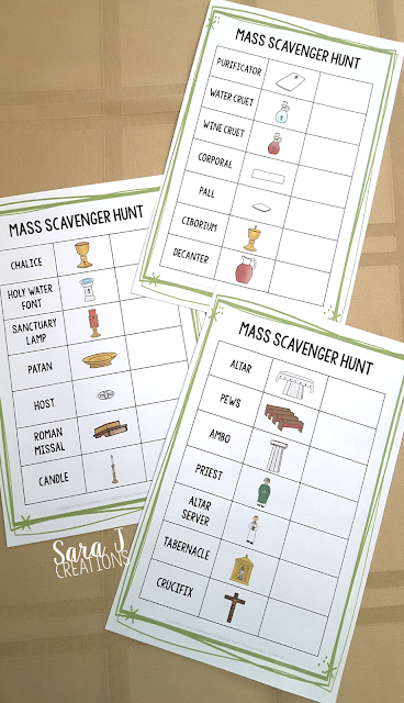 Free Catholic Mass Items Scavenger Hunts. The perfect way to teach students the names for items we use during Mass and engage them in what is happening on Sundays. #catholic #catholickids #sarajcreations #mass