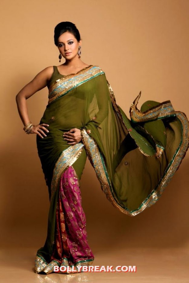 Tanu Roy showing her assets in a red and green traditional saree - (5) -  Tanu Roy saree Photo Shoot